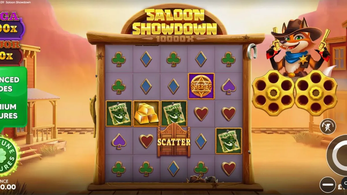 Karakter sheriff rubah dan bandit kartun dalam slot Saloon Showdown 10,000x